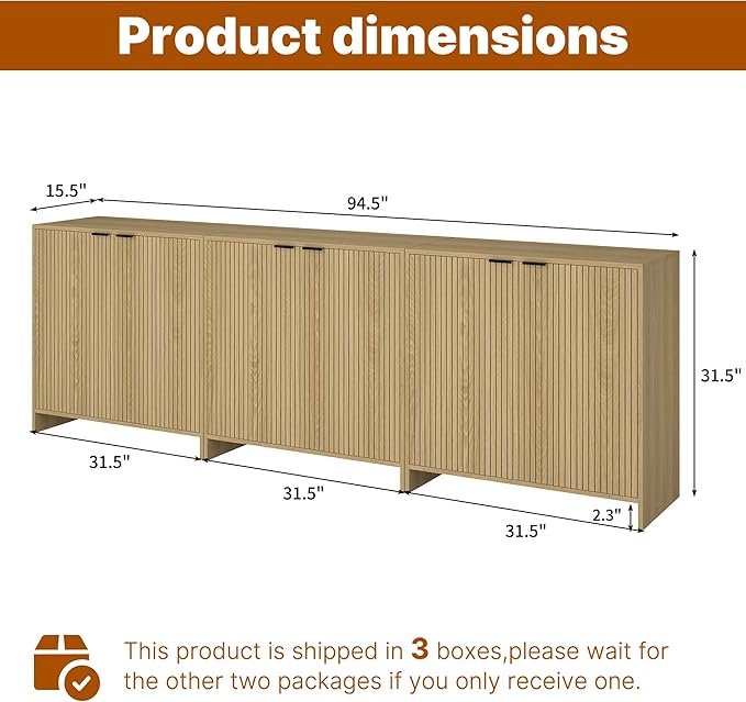 95" TV Stand for TVs up to 100",Modern Fluted TV Console with Storage Cabinet,Entertainment Center with 6 Doors & Adjustable Shelves for Living Room, Oak