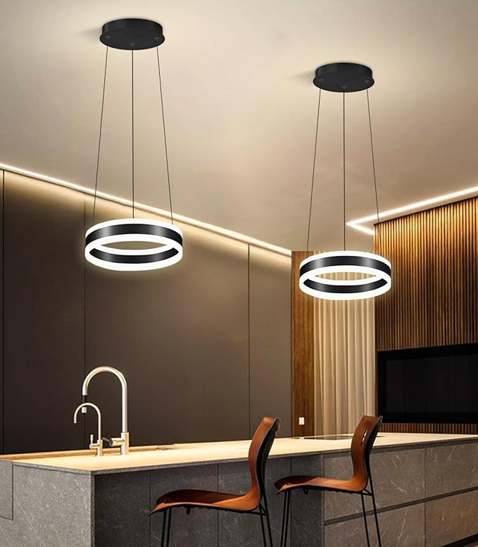 D7.8'' Modern Ring Chandelier for Dining Room LED Dimmable Pendant Lighting High Ceiling Chandelier for Living Room Foyer Bedroom Entryway 3000K-6000K Black
