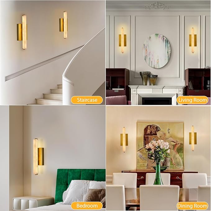 Alabaster Wall Sconces Set of Two, 15" Brass Alabaster Sconce, Spanish Natural Marble Wall Sconce Lamp Indoor, Rectangle Modern Sconces Lighting for Bathroom Living Room Bedroom Stairs Hallway