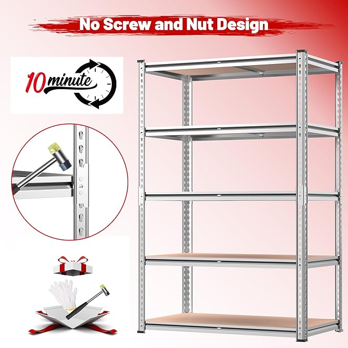 REIBII 2020LBS Garage Shelving Heavy Duty Metal Shelving 5 Tier Storage Shelves, Garage Shelves for Basement, Warehouse, Pantry, Closet, Kitchen, 72" H x 35.55" W x 16" D, Galvanized, 2 Pack