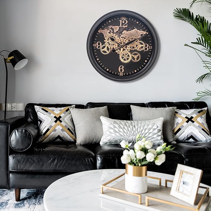 CLXEAST 24 Inch Moving Gear Wall Clock with World Map Pattern,Large Black Gold Metal Wall Clock for Modern Farmhouse Living Room Decor,Reloj De Pared para Sala