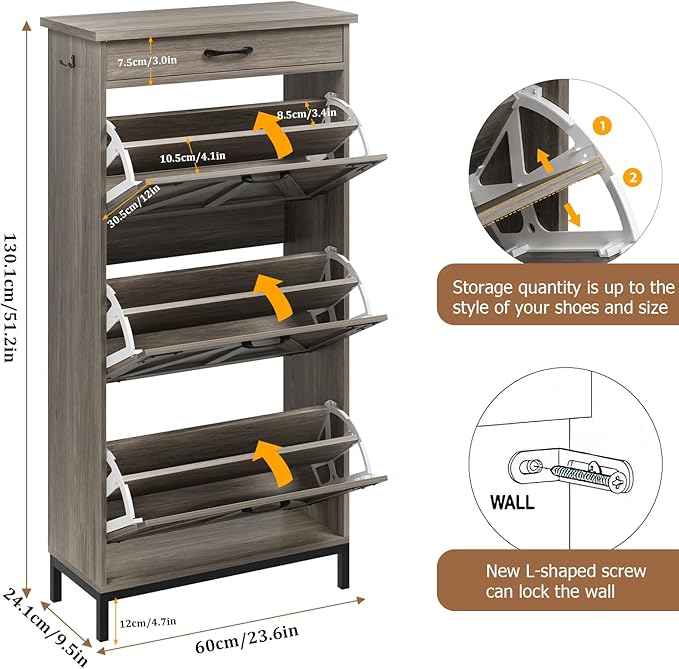 Shoe Cabinet Storage for Entryway with 3 Flip Drawers and 1 Top Drawer, Freestanding Hidden Narrow Shoe Cabinet with Metal Legs for Foyer, Hallway (Grey)