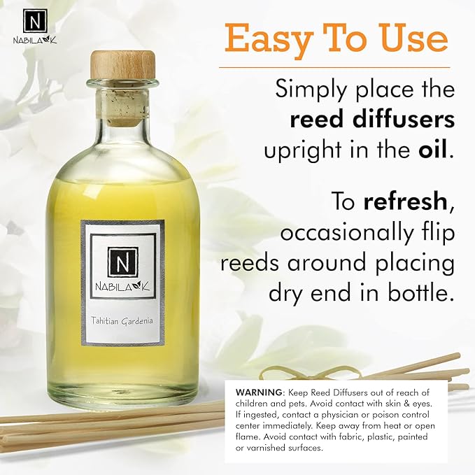 Nabila K Tahitian Gardenia Reed Diffuser Set – Exotic Floral & Spiced Aromatic Oil for Home – Long-Lasting, Smokeless Scent – Made in USA – Includes Reeds + Bottle – Flameless Candle Alternative