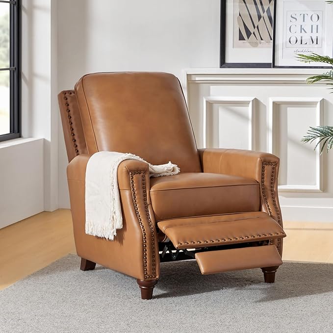 HULALA HOME Genuine Leather Recliner Chair, Classic Push Back Manual Recliner Armchair with Thick Seat and Backrest for Bedroom Living Room Reading Home Relax Office(Camel)