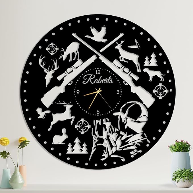 YTDESIGN Custom Wall Clock with Family Last Name, Personalized Metal Wild Animals Theme Wall Clock, Hunter's Gift, Housewarming Present