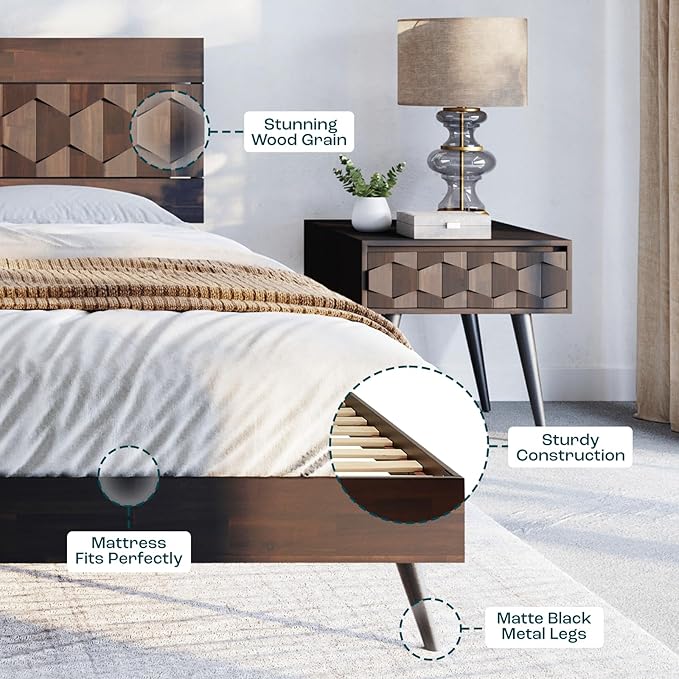Bme Georgina Signature Bed Frame with Handcrafted Geometric Headboard, Mid Century Modern, Solid Acacia Wood, No Box Spring Needed, 12 Strong Wood Slats Support, Easy Assembly, Walnut, King