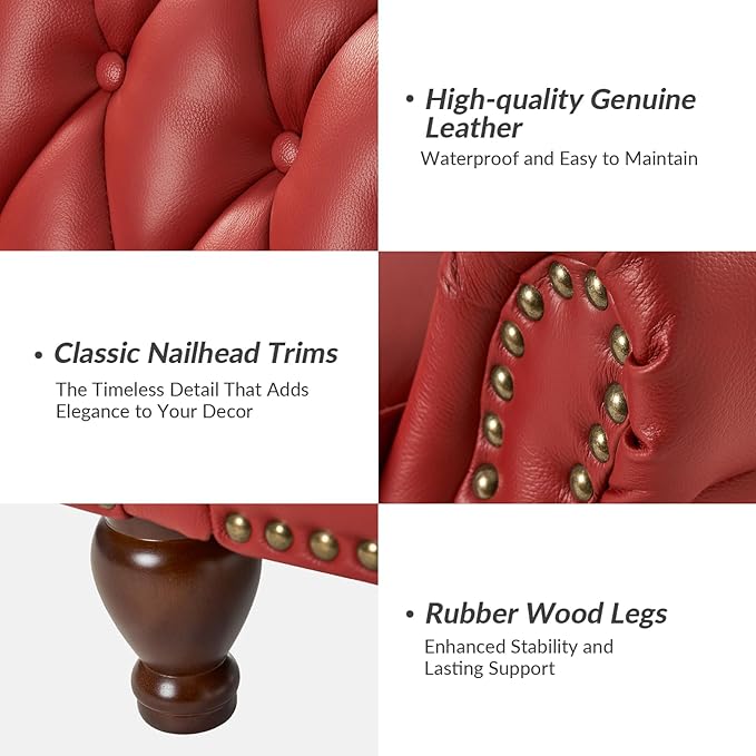 HULALA HOME Genuine Leather Recliner Chair with Solid Wood Legs, Modern Adjustable Tufted Push Back Arm Chair w/Rivet Decoration, Home Theater Seating Single Reclining Sofa for Living Room, Red