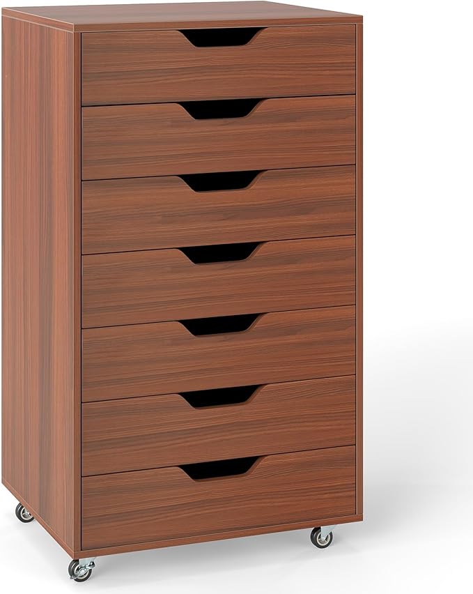 LOKO 7-Drawer Storage Cabinet, Versatile Drawer of Chest with Lockable Wheels, Mobile Office Lateral File Cabinet, for Home Office, Study (Walnut, 16" D x 19.5" W x 34.5" H)