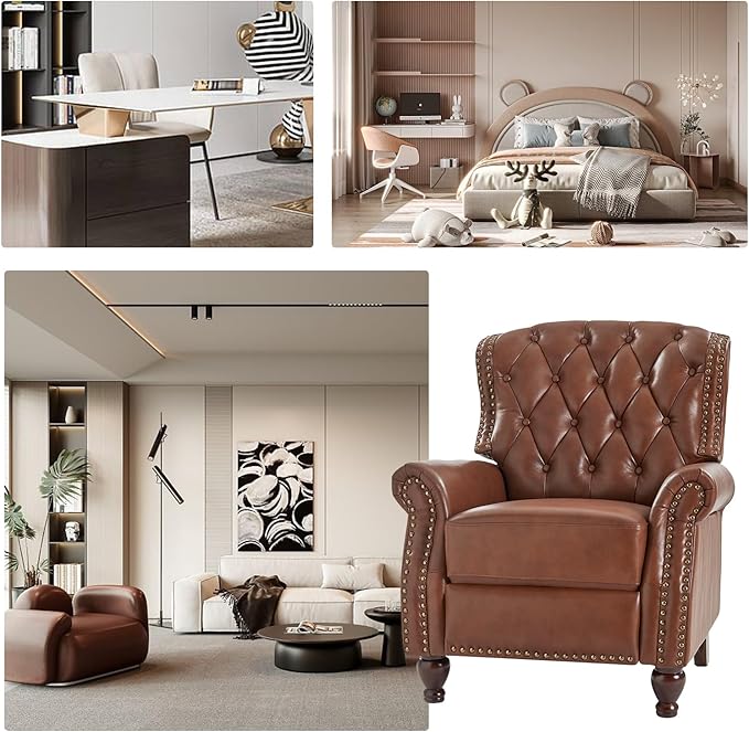 HULALA HOME Genuine Leather Recliner Chair Set of 2 w/Solid Wood Feet, Modern Adjustable Tufted Push Back Arm Chair w/Rivet Decoration, Home Theater Seating Reclining Sofa for Living Room, Brown