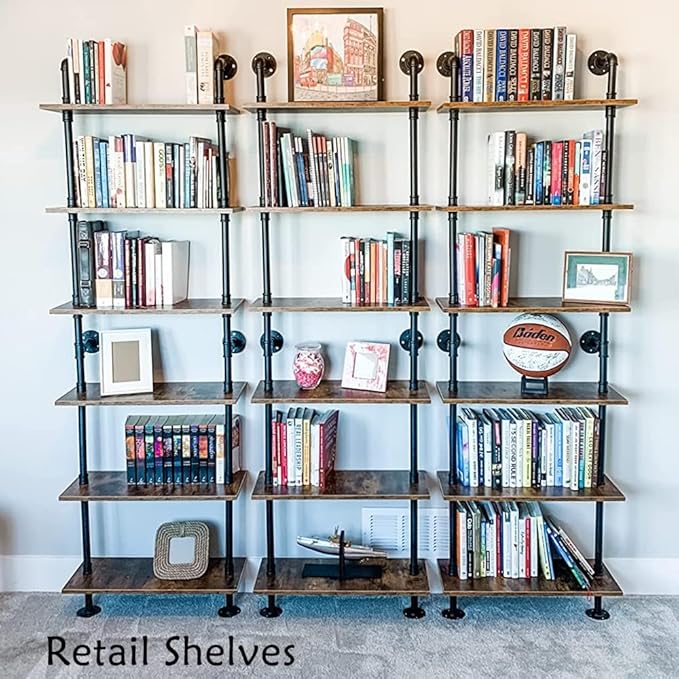 ZIOTHUM 6-Tier Industrial Pipe Shelves Shelf Shelving Rustic Wood Metal Wrought Iron Ladder Bookcase Bookshelf Wall Mounted Mount DIY Loft Vintage Floating Hanging Storage Display (23.6x9.8x78.7”)