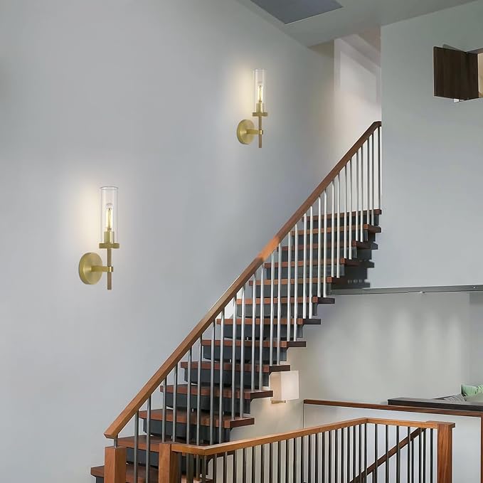 Brass knurled Wall Sconces Set of Two, 14" Sconces Wall Lighting Indoors, Gold Bathroom Vanity Wall Sconces, Wall Lights for Living Room Bedroom Hallway Kitchen Bathroom Mirror Including Bulb