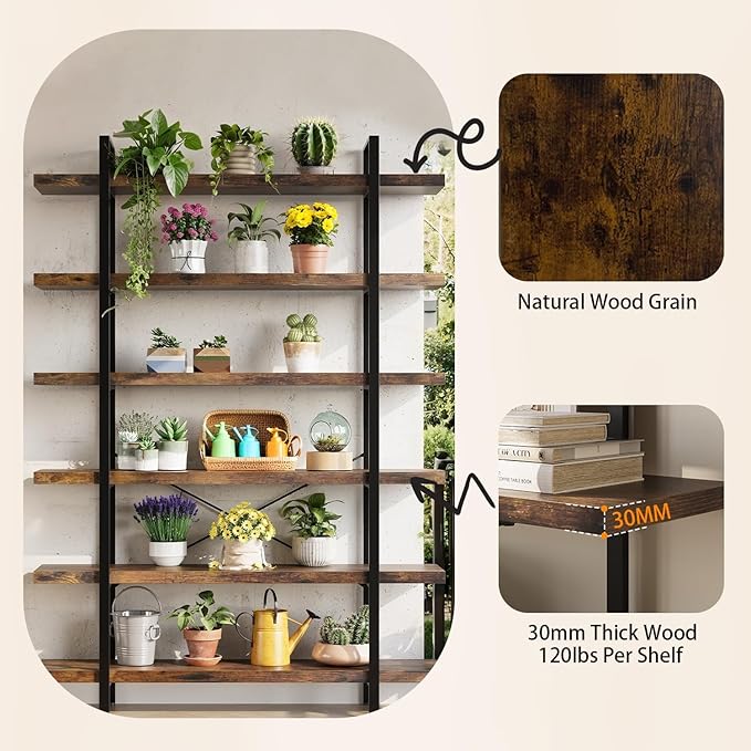 6-Tier Industrial Bookcase, 47 Inch Wide Wood Bookshelf, 120lbs Shelf Capacity, Rustic Open Shelving Heavy Duty Display with Reinforced Horizontal Brown Shelves for Living Room Bedroom Office -2Pcs