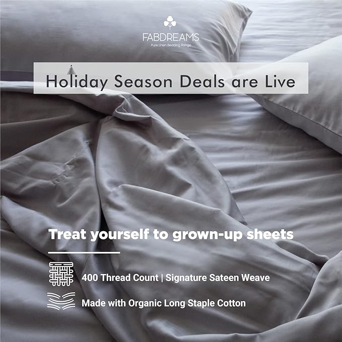 FABDREAMS 100% Organic Cotton King Sheet Set | 400 Thread Count| Luxury Hotel Collection|GOTS Certified Premium Long Staple Cotton|Elasticised 17" Deep Pockets|Smoother than Egyptian Cotton|Light Gray