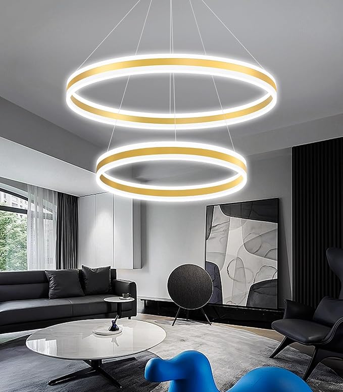 D23.6''+31.5'' Modern Ring Chandelier for Dining Room LED Dimmable Pendant Lighting High Ceiling Chandelier for Living Room Foyer Bedroom Entryway 3000K-6000K Gold