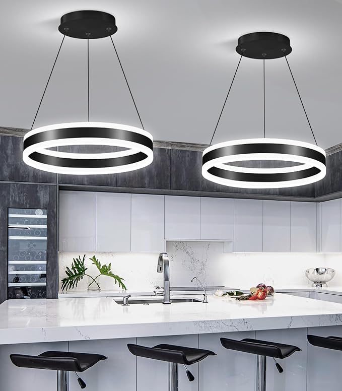 D15.7'' Modern Ring Chandelier for Dining Room LED Dimmable Pendant Lighting High Ceiling Chandelier for Living Room Foyer Bedroom Entryway 3000K-6000K Black