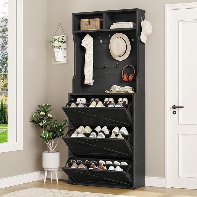 Farmhouse Tall Shoe Cabinet with Coat Rack, Narrow Hidden Shoe Storage Cabinet with 3 Flip Drawers, 2 in 1 Hall Tree with Hooks, Narrow Shoe Organizer for Entryway, Hallway, Black
