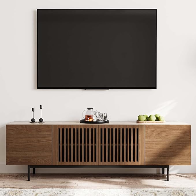 POVISON Mid Century Modern Sintered Stone TV Stand, Slatted Media Console TV Cabinet with Tall-cast Metal Legs, Fluted Entertainment Center with Storage, Fully-Assembled (Walnut, 70.87")