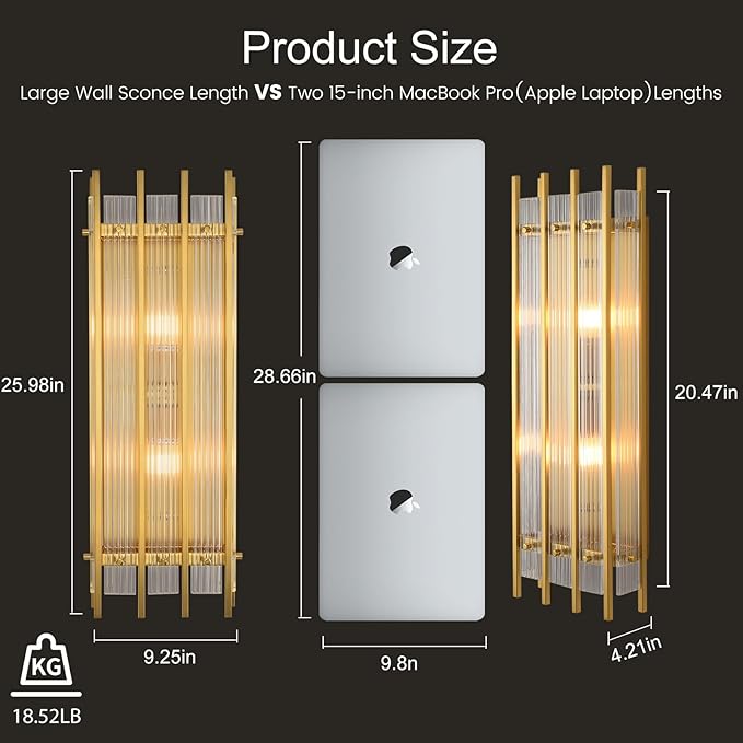 Modern Brass Wall Sconce,25in Grand Rectangular Ribbed Glass Wall Sconces,Indoor Hardwired Gold Wall Sconces for Large Spaces,for Living Room,Hallway,Stairway Sconces Wall Lighting,Included E12 Bulbs
