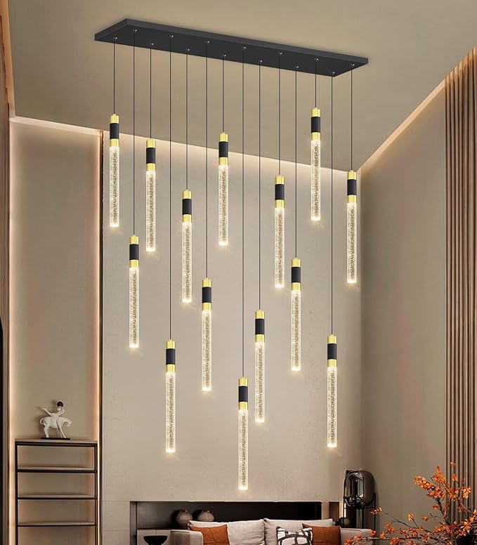 14-Lights Modern Rectangular Chandeliers for Living Room LED Dimmbale Light Fixture for High Ceiling Pendants Lighting for Dining Room