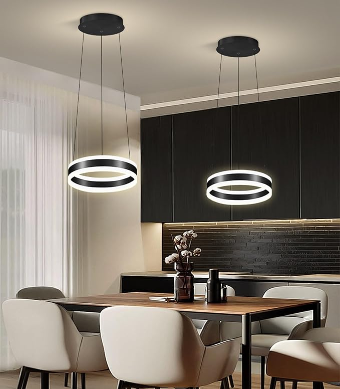 D7.8'' Modern Ring Chandelier for Dining Room LED Dimmable Pendant Lighting High Ceiling Chandelier for Living Room Foyer Bedroom Entryway 3000K-6000K Black
