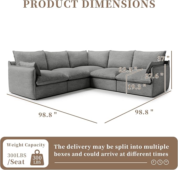 Cloud Sectional Sofa for Living Room,High Backrest Down Filled Spill & Stain-Resistant Couch,5 Seater Oversized Modular V-Shaped Couches,Detachable Couch Cushion Covers,Dark Grey