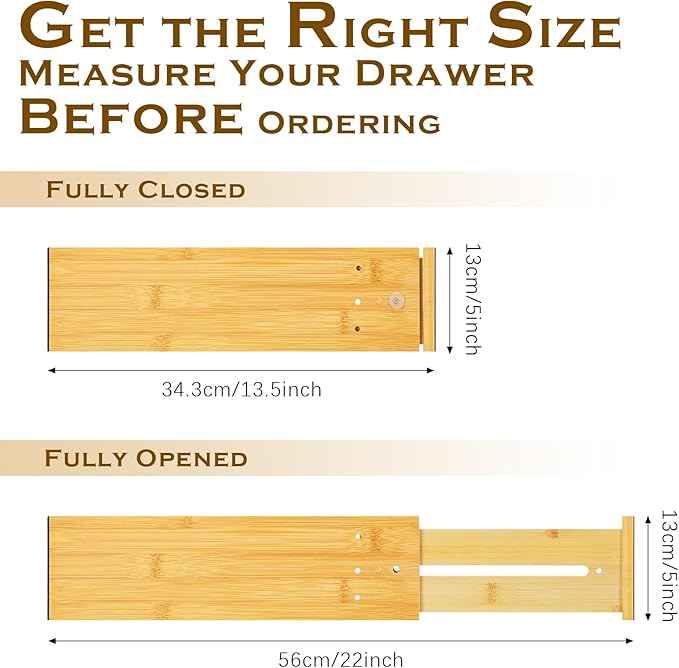 4 Pcs Deep Drawer Dividers for Clothes Adjustable 5" High Expandable from 15"-22" Bamboo Drawer Wooden Separators Spring Loaded for Dresser Baby Clothes Kitchen Office Storage