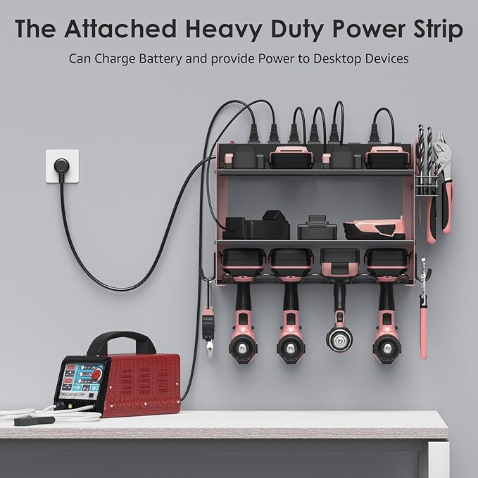 CCCEI Modular Power Tool Organizer Wall Mount with Charging Station. Garage 4 Drill Storage Shelf with Hooks, Drill Bit Heavy Duty Rack, Pink Tool Battery Holder Built in 8 Outlet Power Strip.