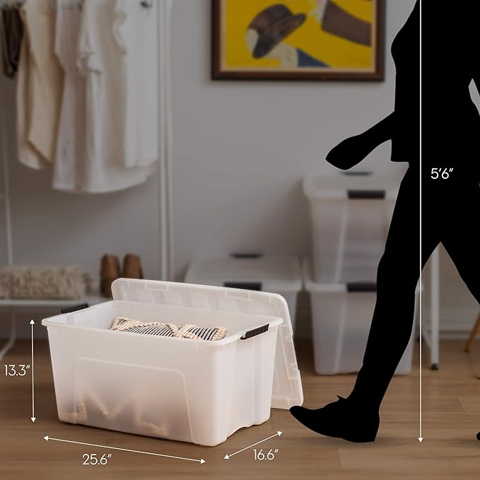 IRIS USA 72 Qt Stackable Plastic Storage Bins with Lids, 4 Pack - BPA-Free, Made in USA - Discreet Organizing Solution, Latches, Durable Nestable Containers, Secure Pull Handle - Pearl