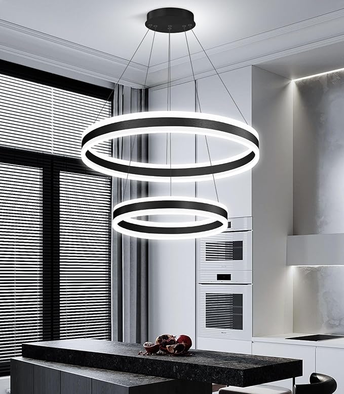 D15.7''+23.6'' Modern Ring Chandelier for Dining Room LED Dimmable Pendant Lighting Chandelier for Living Room Foyer Bedroom Entryway 3000K-6000K Black