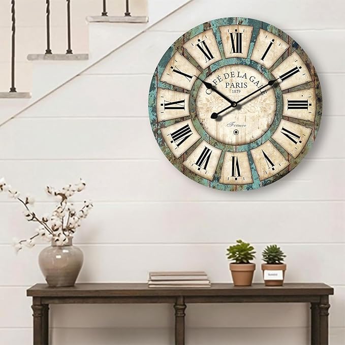 16 Inch Vintage Wall Clock, Roman Numerals Style, Battery Operated, Non-Ticking, Large Farmhouse Clock, Rustic Wall Decor, Perfect for Home, Kitchen, Living Room
