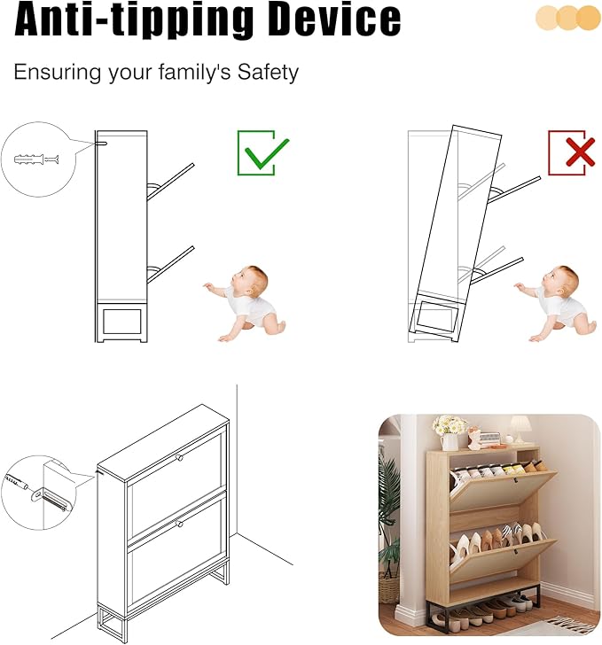 Shoe Cabinet with 2 Flip Drawer Drawer, Modern Shoe Organizer Freestanding Shoe Cabinet Storage, Shoe Storage Shoe Rack for Closet with Linen Doors Drawer in Hallway, Entrance (Natural)