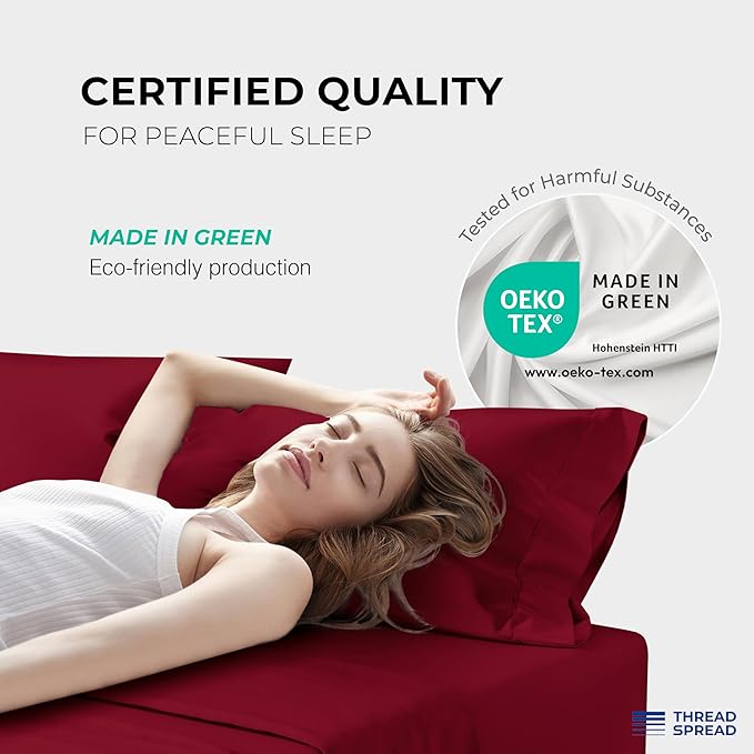 THREAD SPREAD 100% Egyptian Cotton King Size Sheets Set - Luxury 1200 Thread Count Egyptian Cotton Sheets King Size, 17" Deep Pocket, Soft, Cooling Sateen Weave Hotel Quality Bedding Set - Burgundy