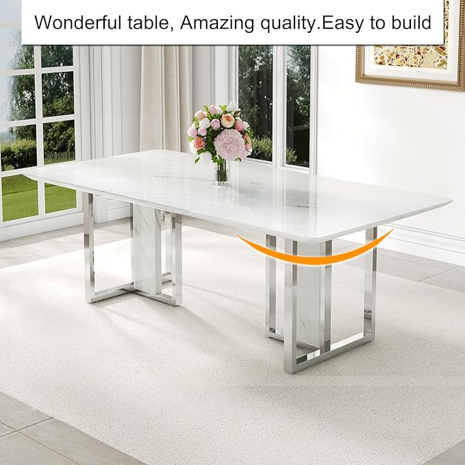 79'' Modern Dining Table Set for 10,White Kitchen Table Set,Luxury Dining Table Set with 1.8-inch Thick Faux Marble Table Top＆10 Pu Leather Upholstered Chairs Ideal for Dining kicken Room