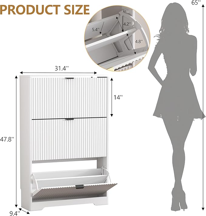 Shoe Cabinet Storage for Entryway with 3 Flip Drawers, White Fluted Shoe Cabinet with Adjustable Shelves, Wooden Hidden Shoe Rack Freestanding Narrow Slim Shoes Storage for Hallway, Entrance