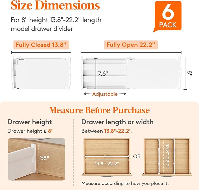 Lifewit 6 Pack Deep Drawer Dividers 8" High, 13.8-22.5" Adjustable Dresser Drawer Divider, Plastic Drawer Organizer for Clothes, Tall Drawers Separators for Dresser, Kitchen, Bedroom, Bathroom, Office