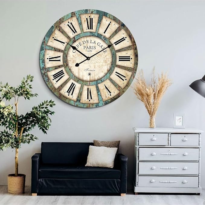 16 Inch Vintage Wall Clock, Roman Numerals Style, Battery Operated, Non-Ticking, Large Farmhouse Clock, Rustic Wall Decor, Perfect for Home, Kitchen, Living Room