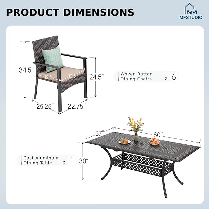 MFSTUDIO 7 Pieces Patio Dining Set, All Weather Patio Furniture Set for 6 with Rectangular Cast Aluminum Table and 6 Wicker Chairs, Outdoor Patio Table and Chairs Dining Set for 6