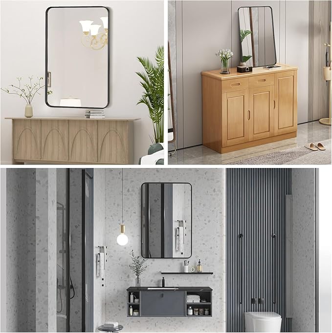 Wall Mount Mirror for Bathroom, Brushed Black Metal Framed Rounded Corner Rectangular Vanity Mirror (24" x 36", Black)