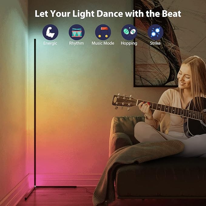 RGB Corner Floor Lamp, Bluetooth APP and Remote Control Music Sync LED Modern Floor Lamp for Living Room, Light Timing, 398 Dimmable Modes, 64.5" RGB Color Changing Mood Lighting
