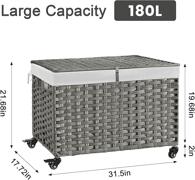 Rolling Storage Basket with Lid, 47.6 Gallon (180L) Storage Bin with Wheels, Woven Rattan Blanket Storage Basket with Handles, Foldable, Metal Frame, Removable Liner for Bedroom, Laundry Room, Grey