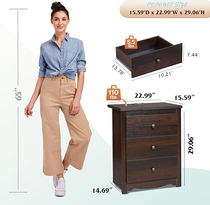 WLIVE Tall Nightstand with Charging Station, Wood Nightstand with 3 Drawers, Bedside Tables Bedroom, Dorm, End Table with 2 USB Ports and 2 AC Outlets, Bedside Table, Espresso