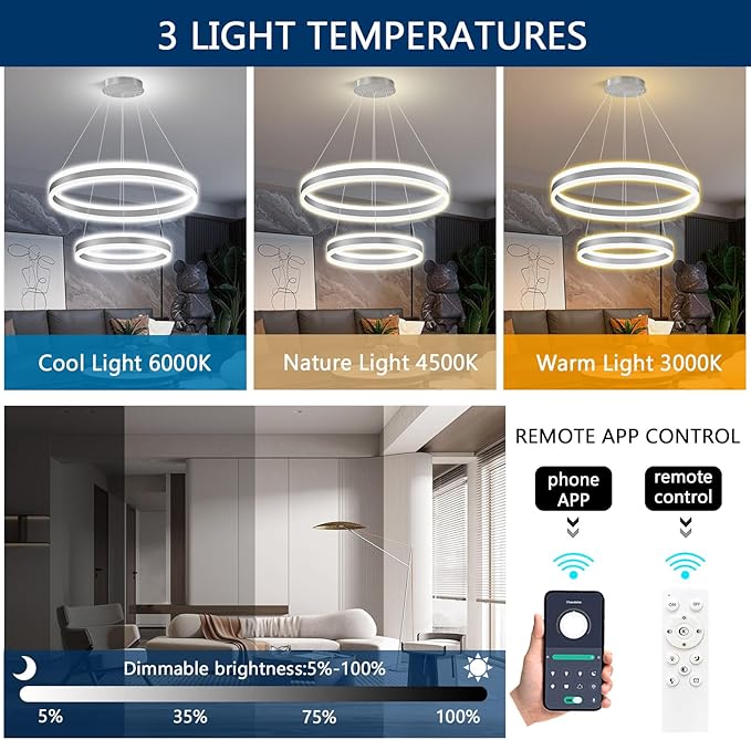 D15.7''+23.6'' Modern Ring Chandelier for Dining Room LED Dimmable Pendant Lighting Chandelier for Living Room Foyer Bedroom Entryway 3000K-6000K Silver