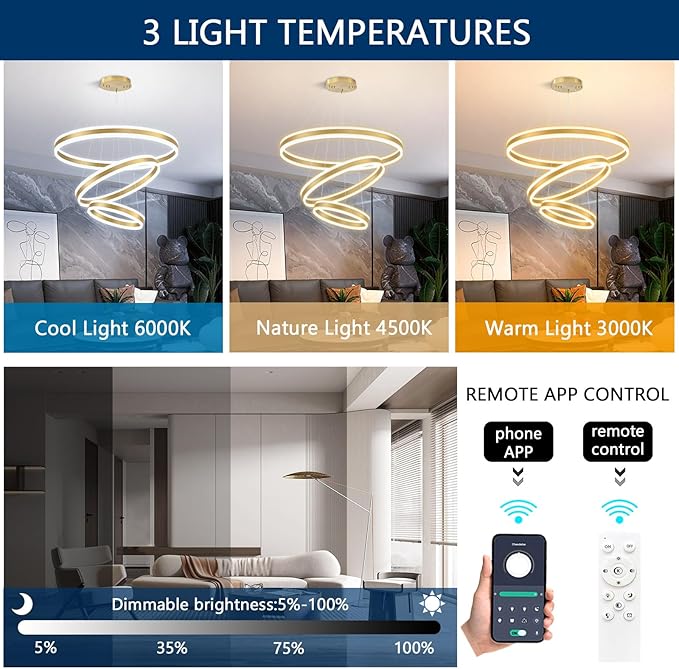 3-Rings Modern Gold LED Chandelier, Flush Mount Ceiling Lighting for Living Room, Adjustable Height Pendant Light for Staircase Foyer Dining Room Entryway 3000K 6000K