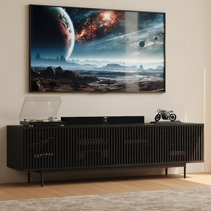 POVISON Mid-Century Modern TV Stand with Slatted Doors, Fully Assembled 78.74" Wood Media Console, TV Console with Tall-cast Metal Legs, Entertainment Center with Storage for Living Room