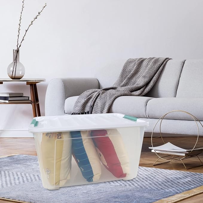 85 Quart Stackable Large Plastic Storage Containers with Lids and Secure Latching Buckles, Organizing Tubs Boxes for Office and Home Organization, Clear (4 Pack)