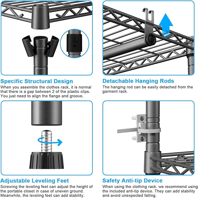 Ulif E13 Heavy Duty Clothes Rack（With 4 Hanger Rods & 8 Shelves） Freestanding Clothing Racks for Hanging Clothes，Adjustable Closet Organizer，Metal Garment Rack 63" W x16 D x77 H，Max Load 900LBS，Grey