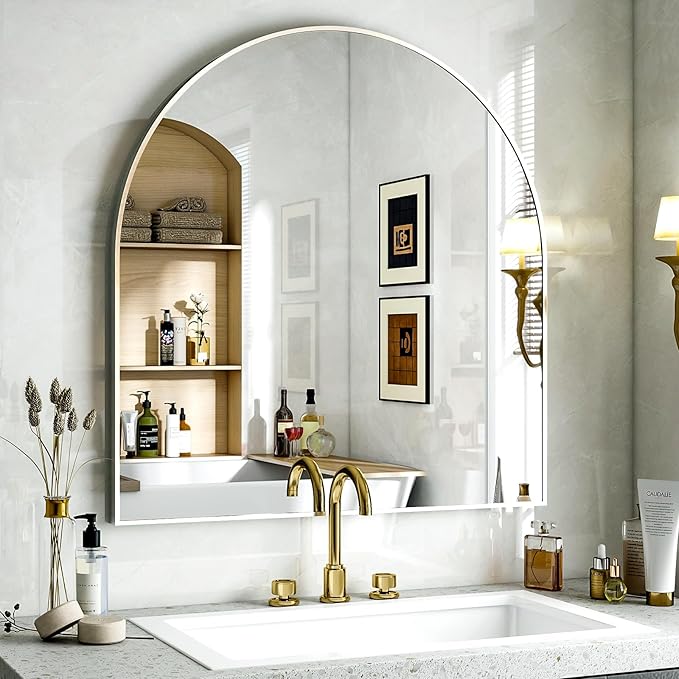 Arched Bathroom Mirror, 32x34 Inch - Wall Mounted Vanity Mirror with Aluminum Alloy Frame - Ideal for Living Room, Bedroom, Bathroom, and Entryway, Hanging or Leaning,White