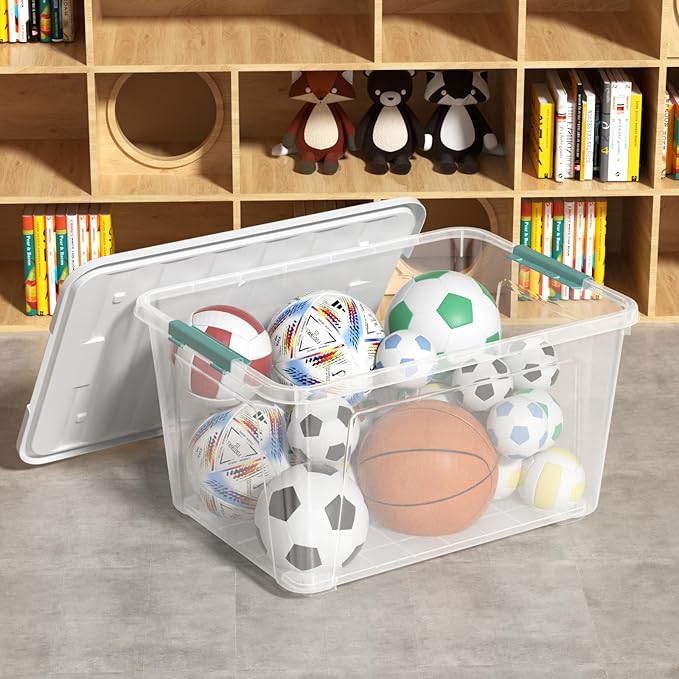 Zopnny 2-Pack Large Latching Box, 85 Quart Plastic Storage Bin with Lid, Stackable Totes w/Wheels, Clear