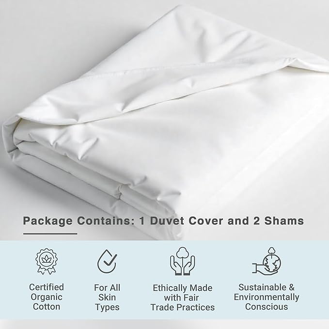Fabdreams GOTS Certified 100% Organic Cotton Duvet Cover Queen Size - 400 TC Sateen - Soft - Silky - Zipper Closure - Edge Ties - 1 Duvet Cover (90"x92") + 2 Pillow Shams (20"x26") - White, 3 Piece
