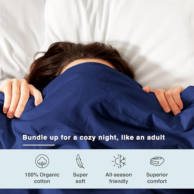 Fabdreams GOTS Certified 100% Organic Cotton Duvet Cover Queen Size - 400 TC Sateen - Soft - Silky - Zipper Closure - Edge Ties - 1 Duvet Cover (90"x92")+2 Pillow Shams (20"x26") - Dark Blue, 3 Piece